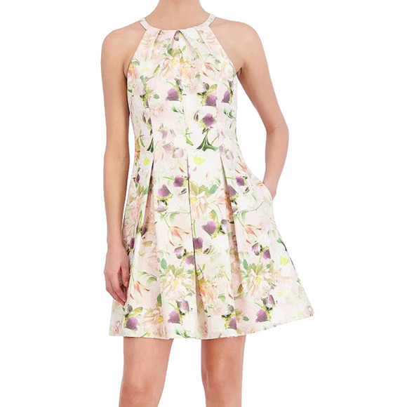 NWT Vince Camuto Sz 6 Pink Jacquard Floral Halter Fit & Flare Dress w/ Pockets - Picture 3 of 16